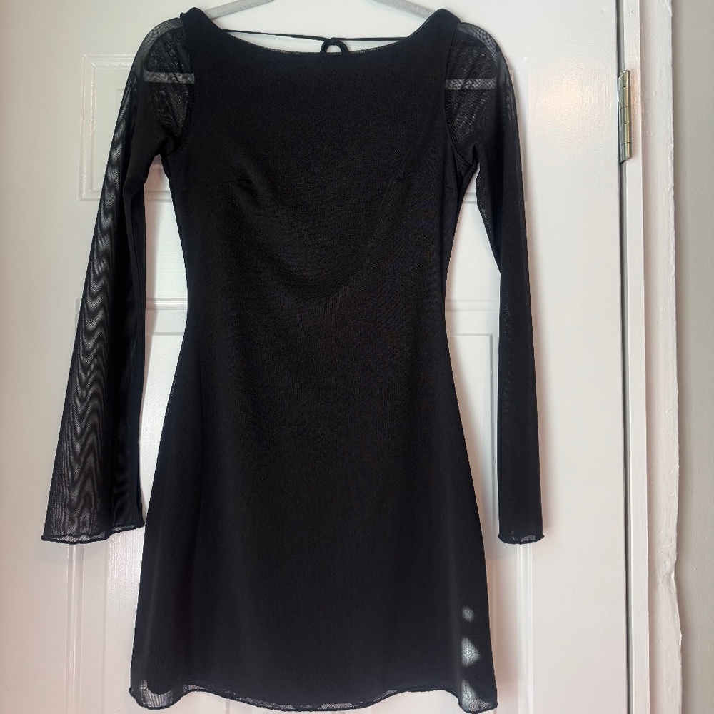 Garage backless mesh long sleeve black mini dress